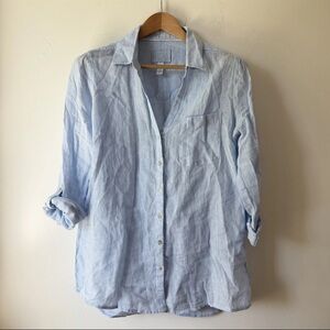Sigrid Olsen 100% Linen Tunic Top Women M Blue Roll Tab Sleeve Button Up V-Neck